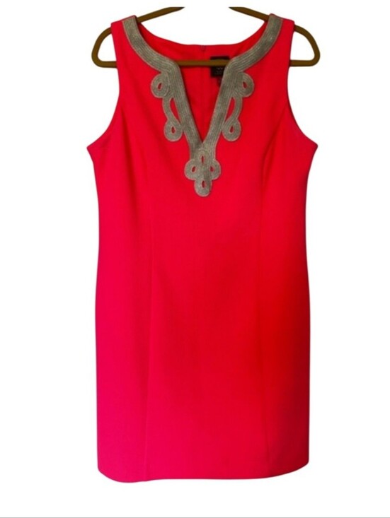 Vince Camuto Dresses & Skirts - Vince Camuto Hot Pink Sleeveless Embroidered Gold V-Neck Mini Dress. Size 14